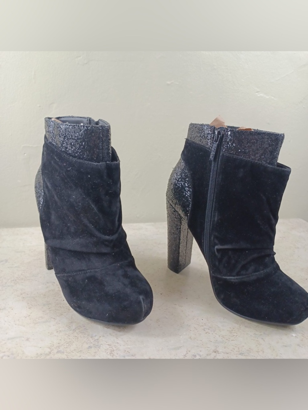 Women's Black Velvet Ankle Booties with Glitter Trim - Picture 7 of 12
